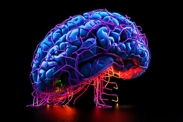 Poster - Brain abstract digital human brain. Neural network digital Electrical activity, flashes and lightning. Artificial brain, neon light abstract background.
