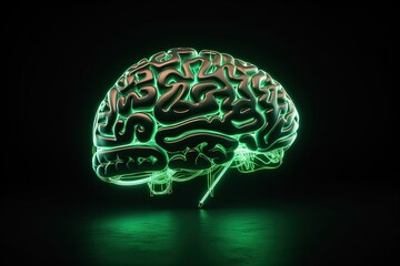 Brain illustration, green neon light, black background, creativity concept. Generative AI