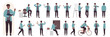 © Flash Vector - Cartoon man with beard standing, thinking, teaching, professor with stick explaining on lecture in front, side and back view isolated. Young male dark skin teacher poses set vector illustration.
