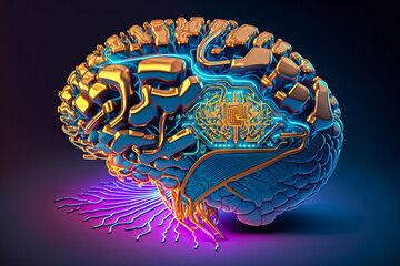 Poster - Brain abstract digital human brain. Neural network digital Electrical activity, flashes and lightning. Artificial brain, neon light abstract background.