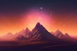 Illustration of a retro 1980 background with a mountain silhouette and sun, starry grid, and smoke. Generative AI