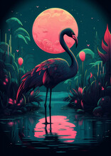 Black Flamingo In The Water In Lush Vegetation , Generative Ai