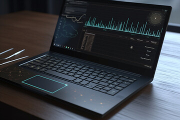 Poster - laptop on the table with financial charts and reports, Generative AI	
