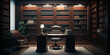 Classic office interior, wooden furniture and books. Generative AI