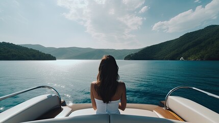 Poster -  view from behind woman relaxing on a luxury boat, generative ai