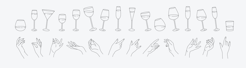 Collection of different woman hands gestures hold wineglass or drink cocktails. Minimal linear trendy style. Line icons or symbol of female hand for logo in restaurant or bar. Vector