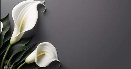 Fototapete - Copy space and top view of white calla lilies on a grey backdrop. Generative AI