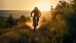 Ein Mountaibiker fährt im Sonnenuntergang durch die Landschaft, generative AI