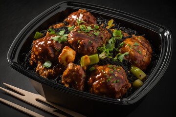Wall Mural - Vegetable Manchurian in a black plastic takeout container. well-known indo-chinese dish Generative AI