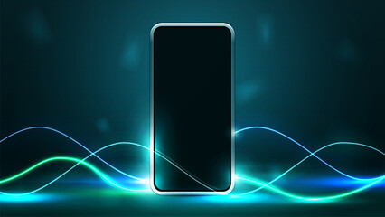 Smartphone in empty green scene with neon wave line lasers around