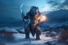 Brutal Looking Orc Warrior. Goblin Warlord In A Snowy Landscape. Generative Ai. Troll Warrior In The Winter Mountains