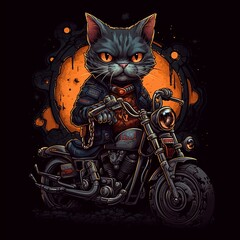  biker cat on a harley, cartoon style, generative ai