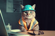 Handsome cat engineer construction worker sitting at the desk and using notebook for work. Generative AI