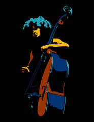 female musician playing cello. line art, vector illustration on black background.