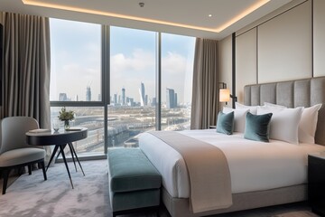 Wall Mural - Modern and luxurious hotel bedroom with views of London sky 