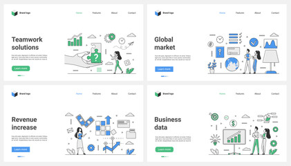 Wall Mural - Growth of business revenue, data and global market, teamwork solutions set vector illustration. Cartoon tiny people work to increase profits, research financial data and information on meeting