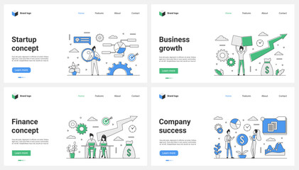 Poster - Company finance success, startup and business growth set vector illustration. Cartoon tiny people work on opportunity to increase sales, research direction of company development and finance data