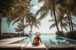Illustriation of young woman enjoying summer in holiday resort, created with Generative AI technology.