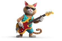 Red Cat Rockers Playing Electric Guitar Isolated On White, Illustration