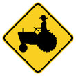 isolated silhouette farm machinery and man crossing road sign symbol on round diamond square board for information, notification, alert post, road or street board etc. flat vector design.