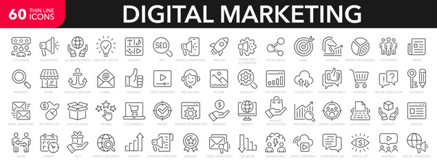 digital marketing line icons set. marketing outline icons collection. website, seo, social media, on