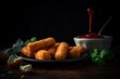 Fried breaded mozzarella sticks served with tomato dipping sauce. Generative AI