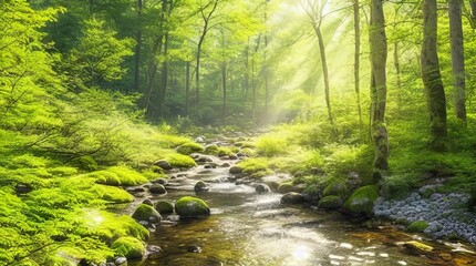 A peaceful forest scene, with sunlight filtering through the trees and a babbling brook in the background.