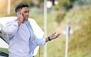 Poster - I cant wait that long. Cropped shot of a handsome young man on the phone with roadside assistance after suffering a vehicle breakdown.