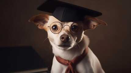 Wall Mural - Cute small ginger white dog student in glasses and an academic cap Mortarboard next to books Study and education concept generative AI