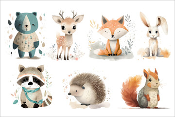 safari animal set bear, raccoon, fox, hare, squirrel, hedgehog and deer in 3d style. isolated. gener