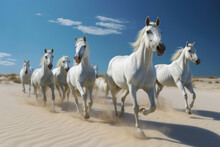 Small Herd Of Free White Arabian Horses Running On Loose Sand In The Desert Against A Blue Sky With Little Clouds. Generative AI.
