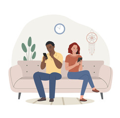 Wall Mural - Young woman and man sitting on the sofa with smartphones. Vector flat illustration