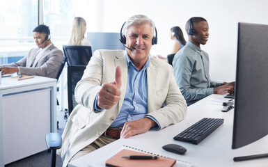 Poster - Hope you found our service helpful. Shot of a mature businessman using a headset and showing thumbs up in a modern office.