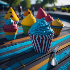 Extremely closeup photograph of delicious sweet ice cream outdoors in the street