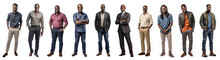 Group Of Full Body Black Men Each All With Different Ages, Sizes, Hairstyles, Facial Hair, Clothing, Separately Isolated On A White Background.  Illustration Created With Generative AI Technology.