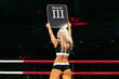 © Real Sports Photos - blonde ring girl demonstrate sign with number third round during fight MMA on dark background