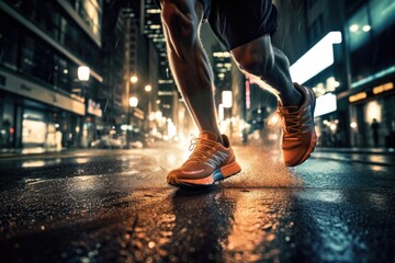 Wall Mural - Photo of an athlete jogging in front of bokeh lights at night in the city. Generative AI