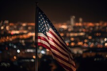 Photo Of American Flag In Front Of Bokeh Effect Of Cityscape In Background. Generative AI