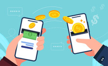 Mobile Money Transfer With Hand Holding Mobile Phone.Transfer Money By Online Internet Banking All Around The World Illustration.