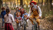 A man in a clown costume riding a bicycle with a group of laughing children partying in the background - ai generative