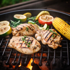 Canvas Print - grilled chicken and vegetables on homemade backyard grill