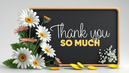 Blackboard with Thank you message and flowers around, white background concept generative ai
