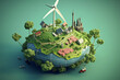Planet Erde auf blauem Hintergrund, Weltumwelttag, Windenergie, Windkraftwerk, grüner Strom, Wasser, 3d, cartoon, erstellt mit KI