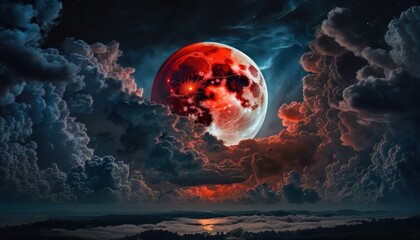 Wall Mural - Blood moon or red moon in the night time sky with clouds concept generative ai