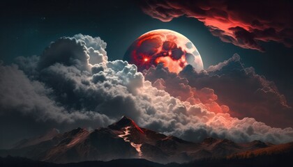 Wall Mural - Blood moon or red moon in the night time sky with clouds concept generative ai