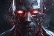 Cyborg, rote Augen, graue Haut, dunkler Hintergrund, erstellt mit KI