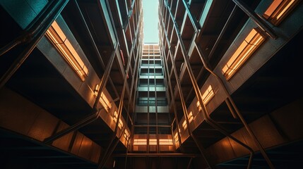 Poster -  a very tall building with lots of windows and a skylight.  generative ai