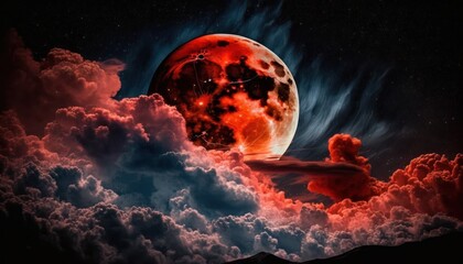 Wall Mural - Blood moon or red moon in the night time landscape with clouds concept generative ai