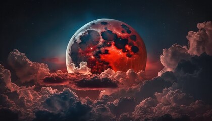 Wall Mural - Blood moon or red moon in the night time landscape with clouds concept generative ai