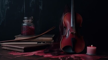 Wall Mural -  a violin, candle, and book on a table with blood.  generative ai